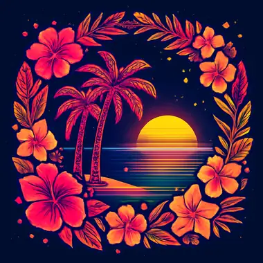 Tropisch strand met palmen en bloemenkrans bij Aloha King Elvis.