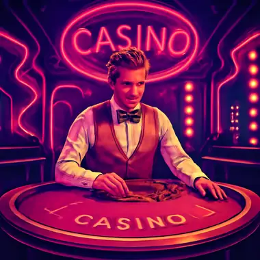 Live croupier aan speeltafel in roze licht bij Live Casino.
